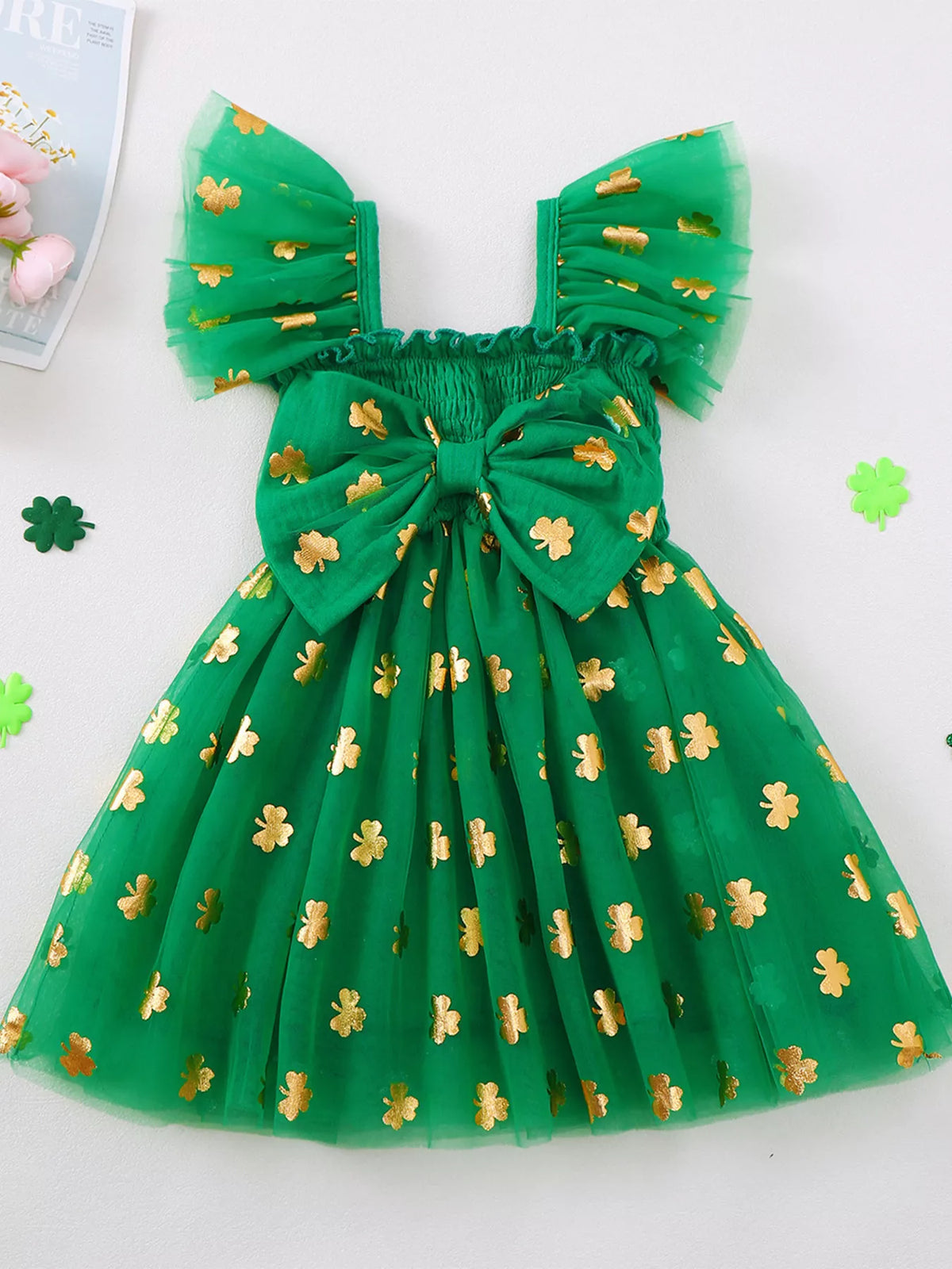 Green clover smocked tulle dress — dress back