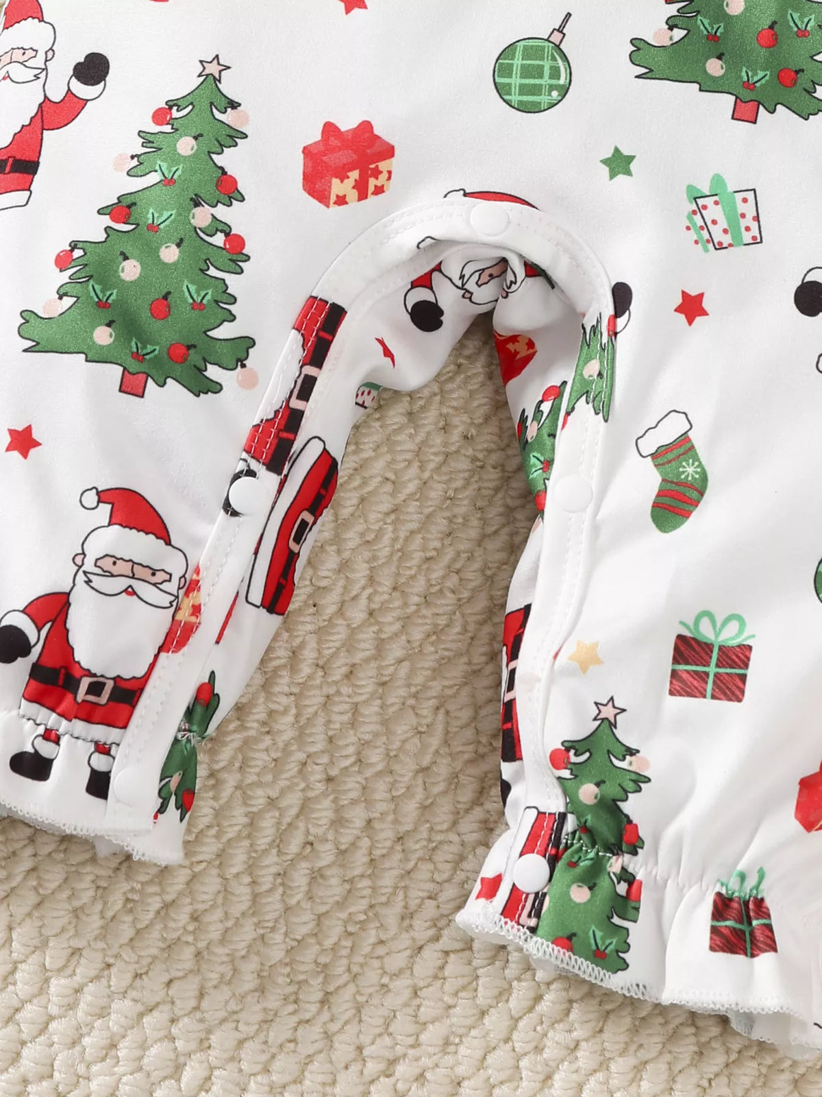Green ribbed and Santa print jumpsuit set with bow headband — santa print legs and inseam snaps