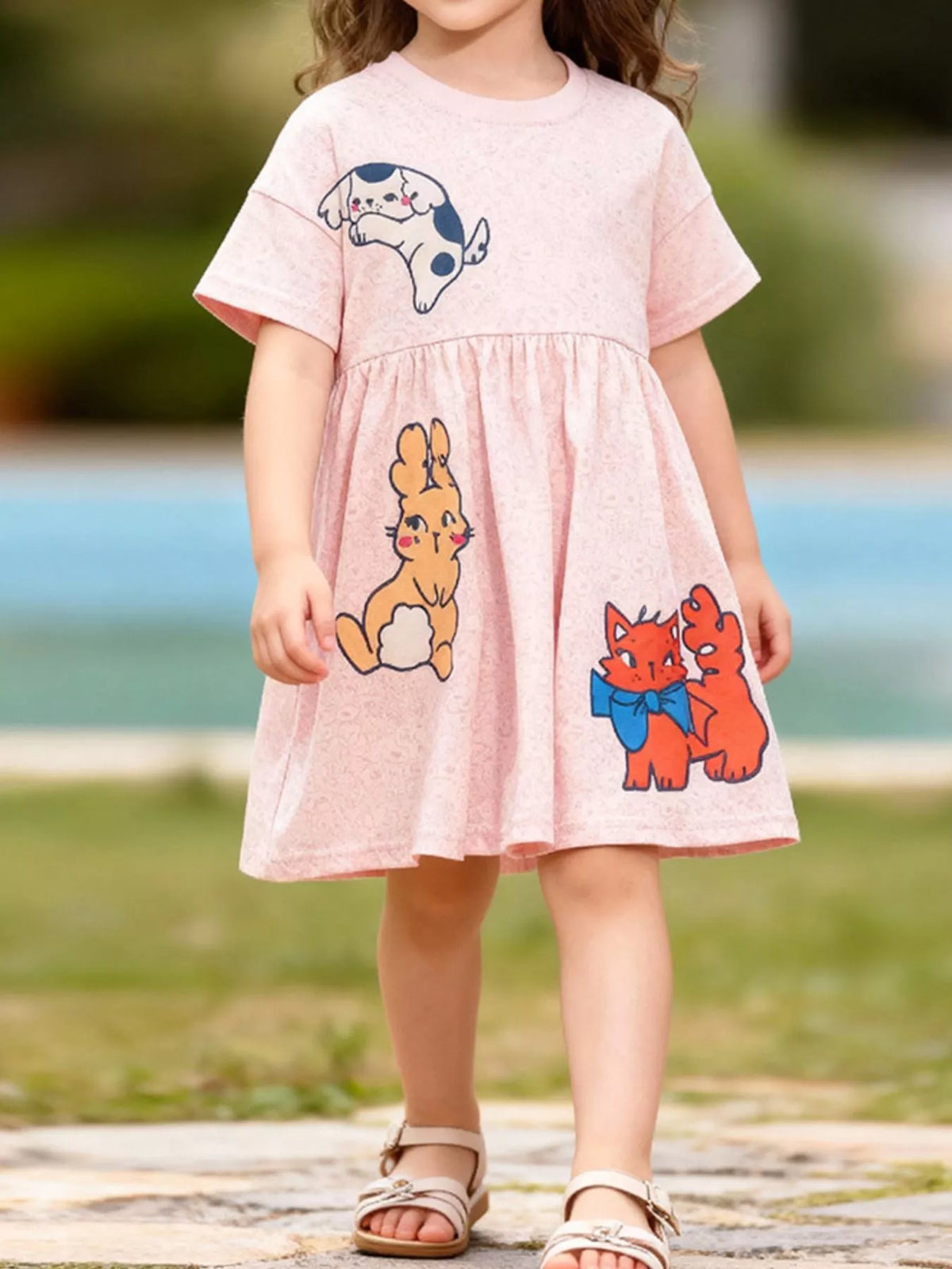 Animal Applique Short Sleeve Cotton Dress — pink animal dress worn by a child