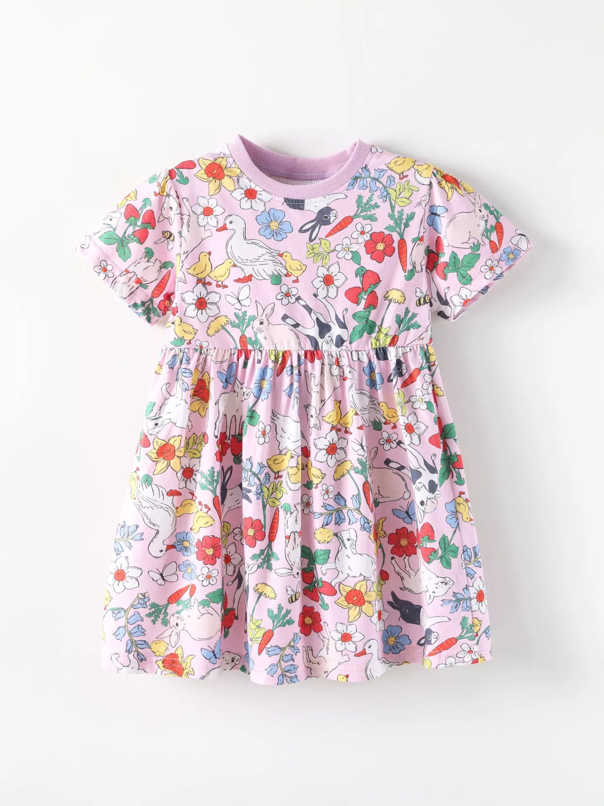 Pink Bunny and Floral Print Dress — front view