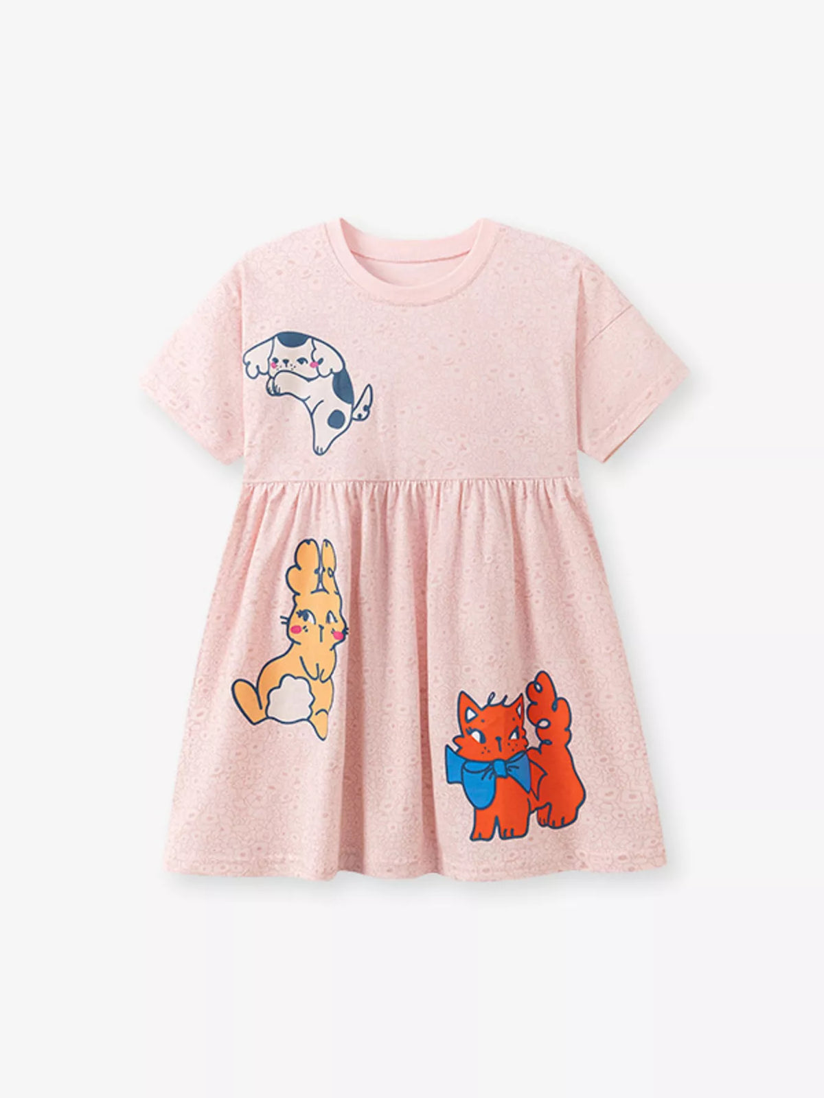 Animal Applique Short Sleeve Cotton Dress — pink animal dress front