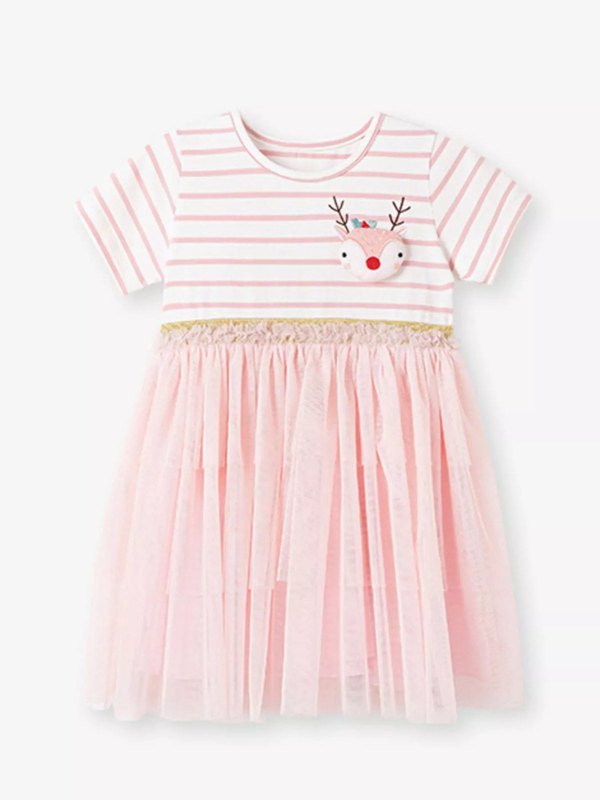 Pink striped reindeer dress with a pink tulle skirt laid flat