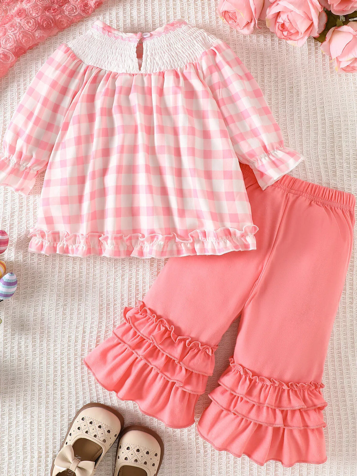 Back of the gingham top and pink ruffled pants