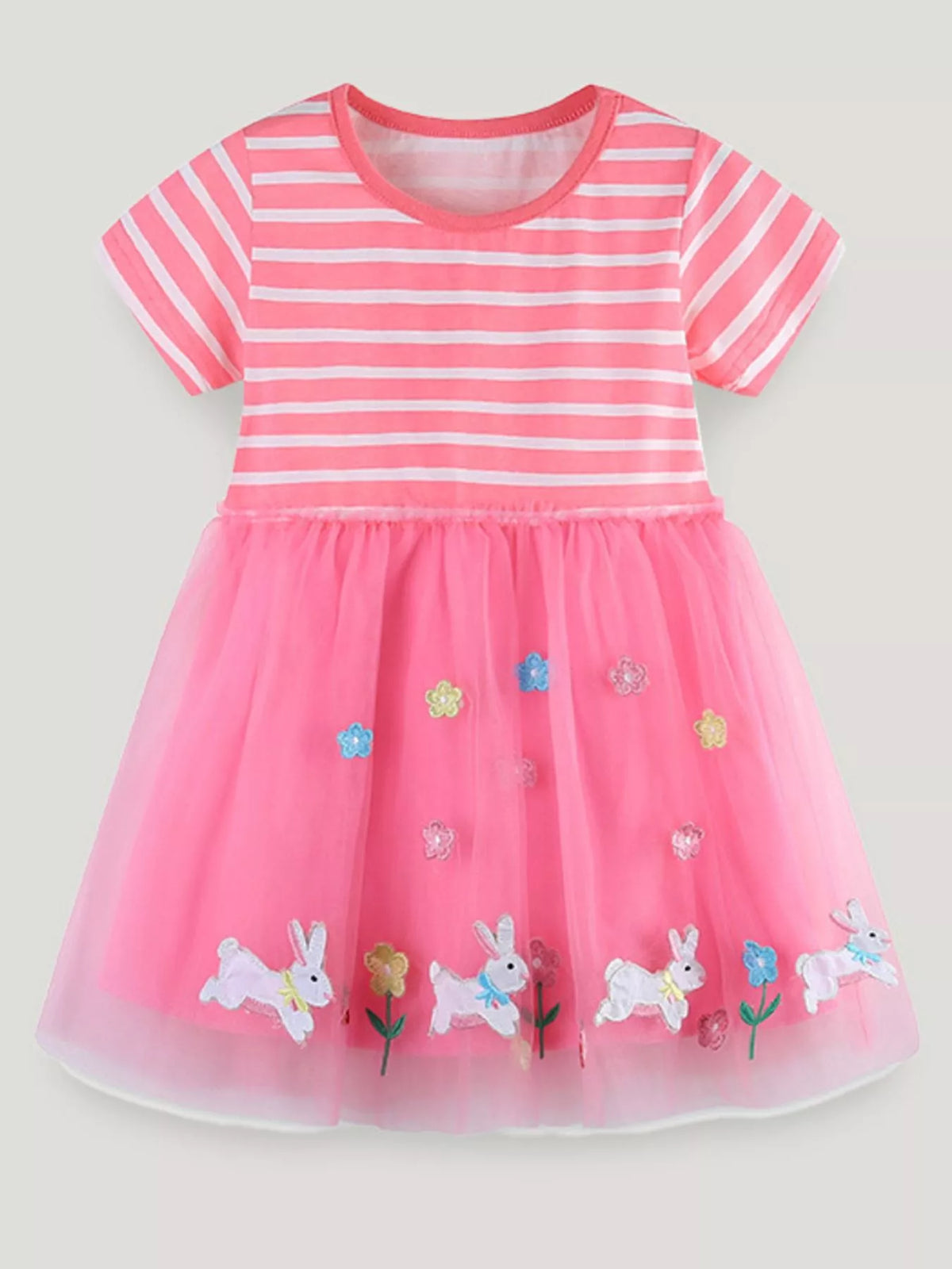Pink striped short-sleeve dress with a bunny-applique tulle skirt laid flat