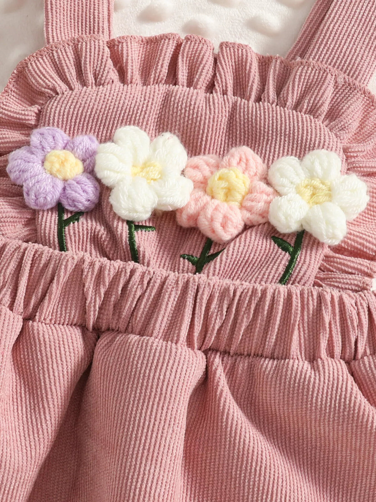 Ribbed floral overall dress and white top set with bow headband — flowers and ruffles on pink bib