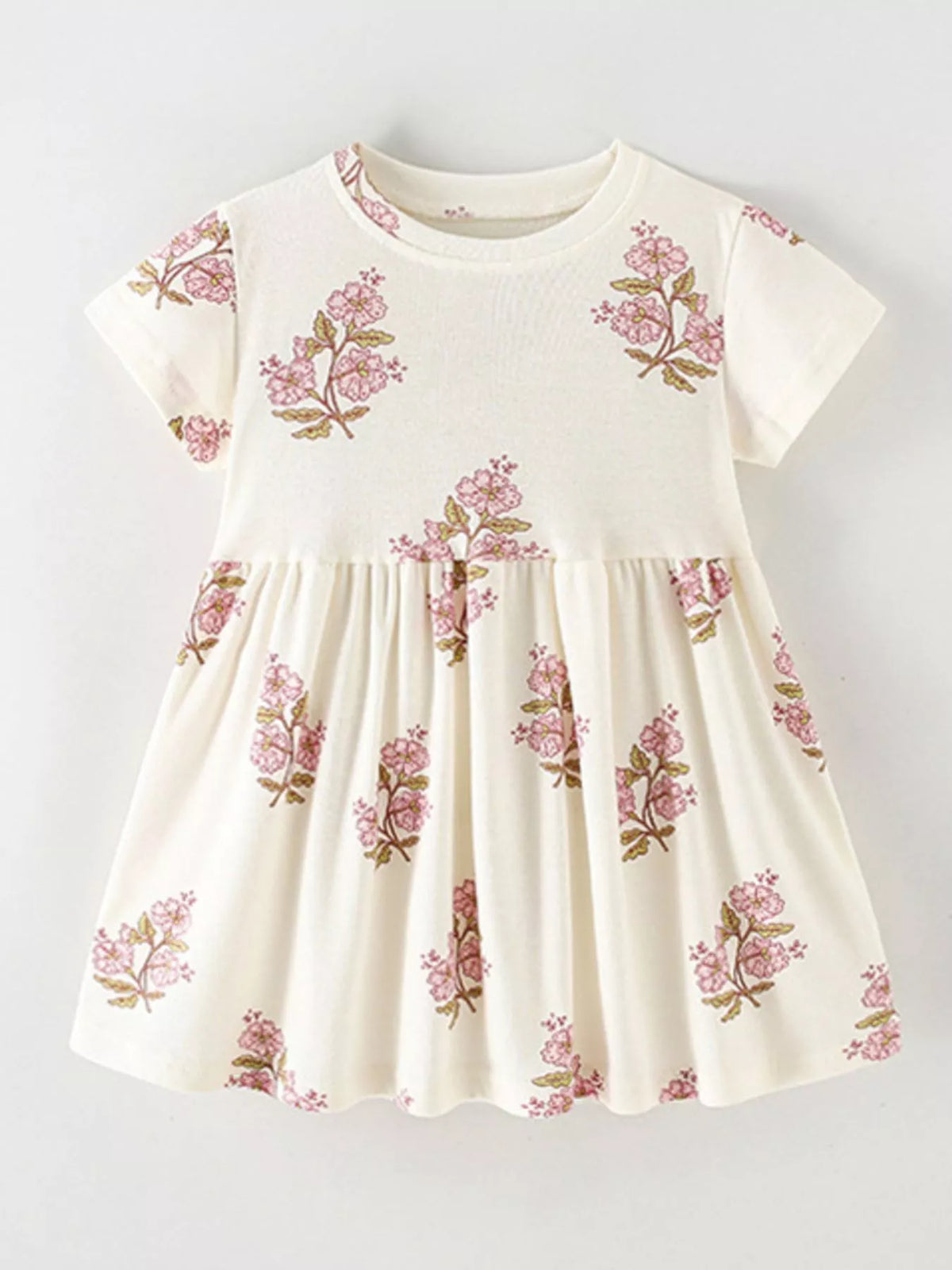 Cream pink floral short sleeve dress — dress front laid flat