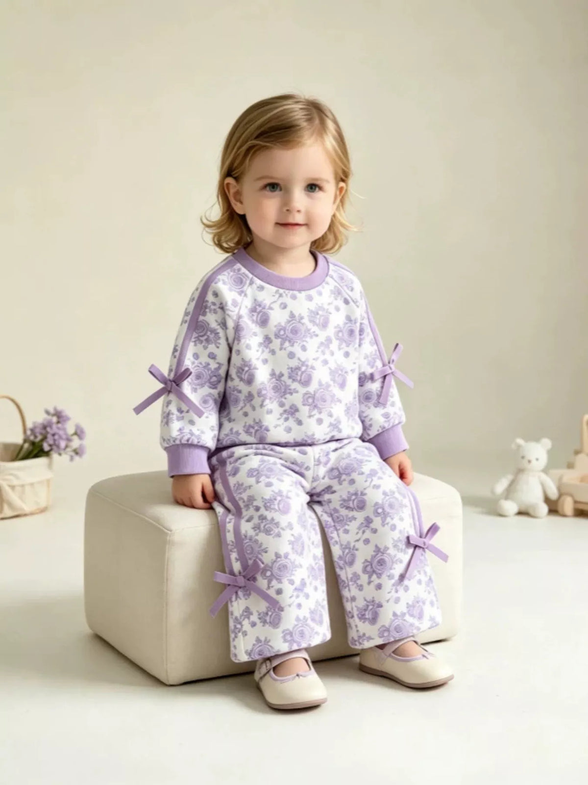 Lavender floral outfit on a seated child