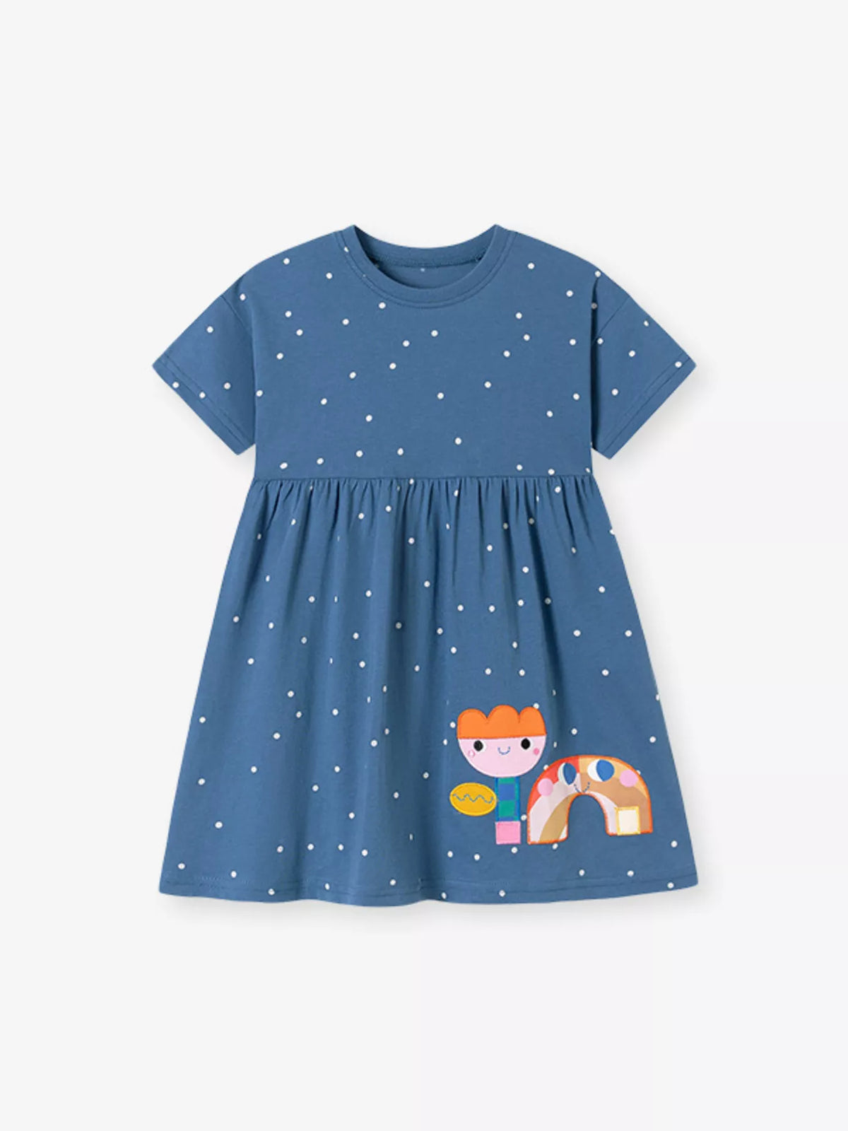 Blue polka-dot short-sleeve dress with colorful motifs laid flat