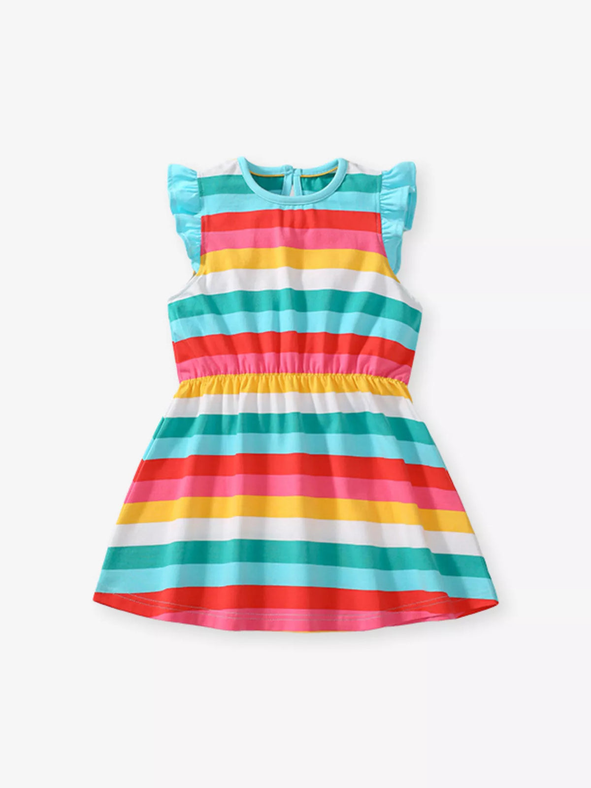 Colorful striped sleeveless dress with shoulder ruffles laid flat