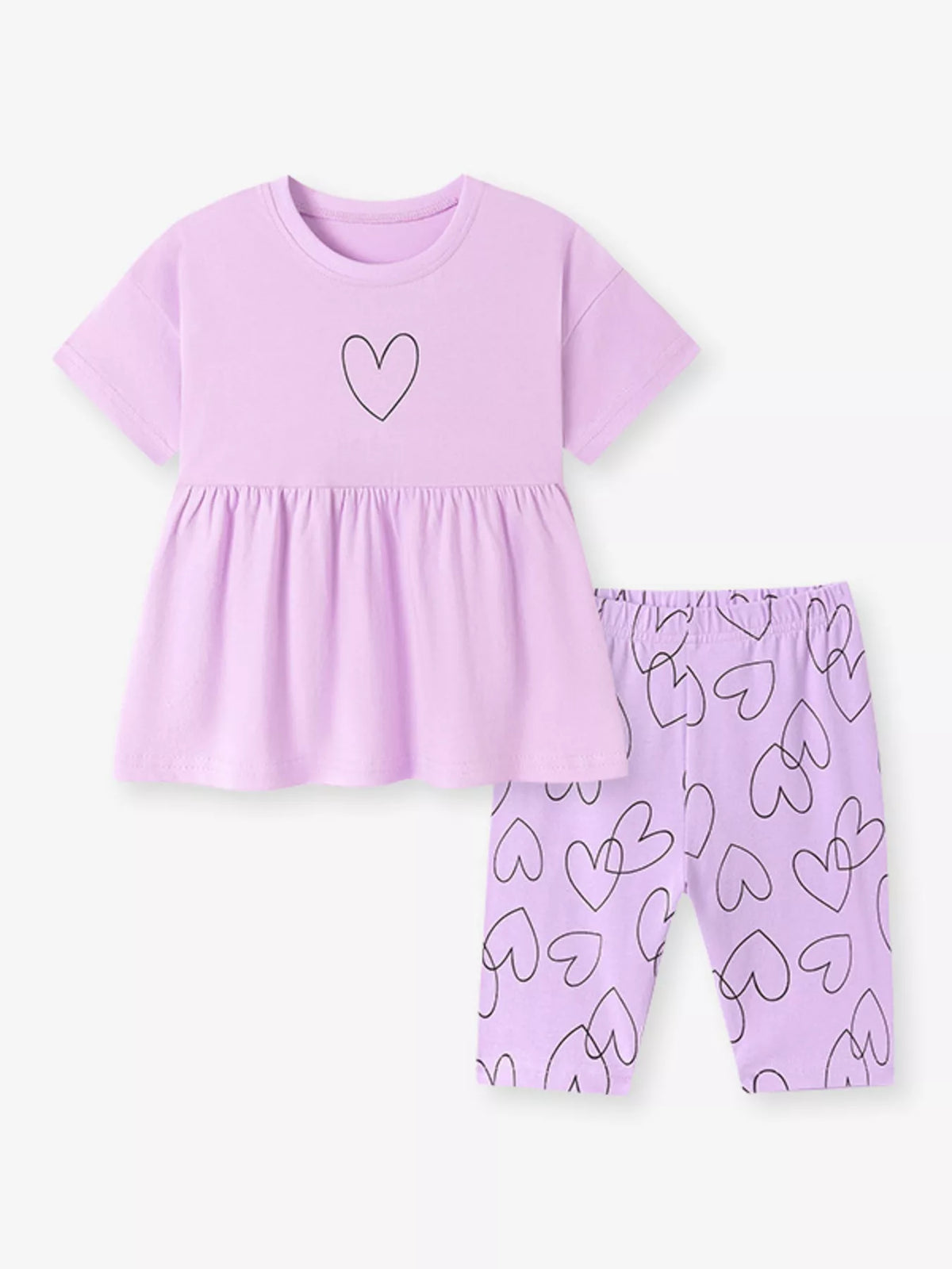 Lavender heart peplum tee with heart-print fitted shorts laid flat