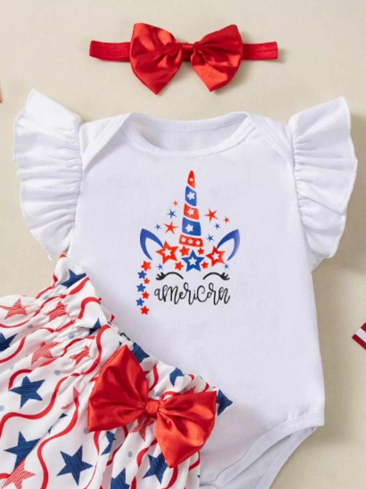 Baby Fourth of July Three-Piece Outfit Set — star-pattern unicorn graphic