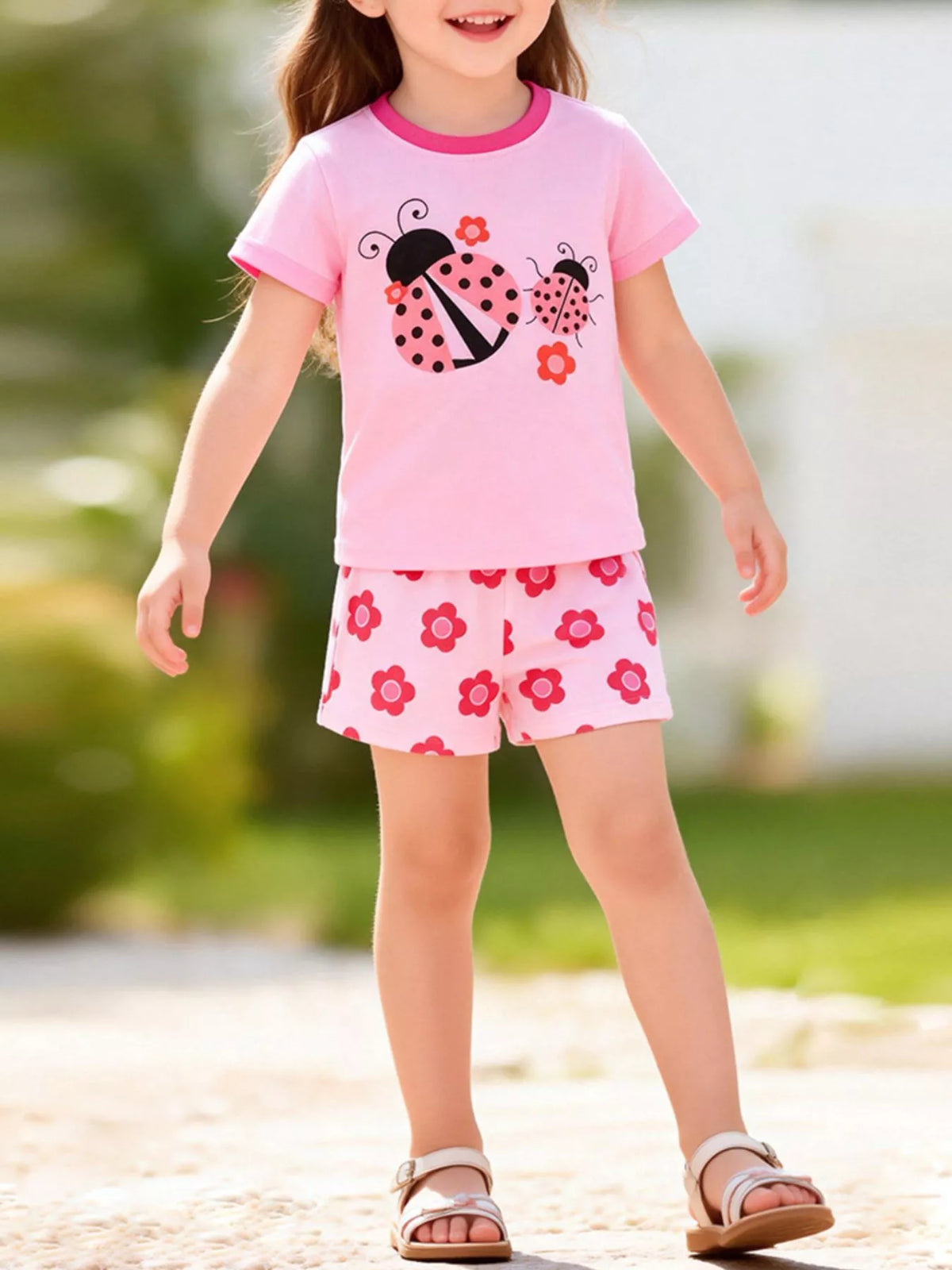 Pink ladybug tee with pink floral shorts on a child