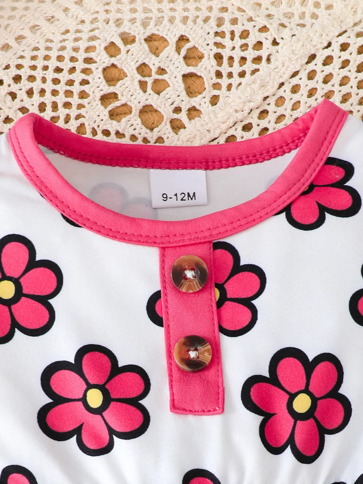 Pink floral peplum top leggings and headband — round neckline and decorative buttons