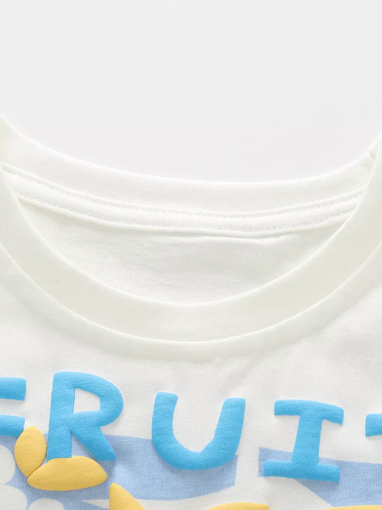 White Fruit Market tee and blue gingham shorts — round neckline
