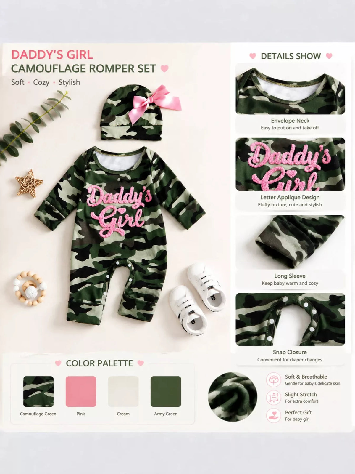 Camouflage outfit product card with neckline, lettering and cuff detail insets