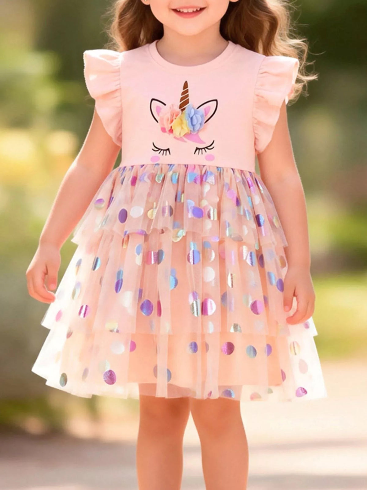 Peach unicorn ruffle-sleeve dress with a metallic-dot tulle skirt on a child