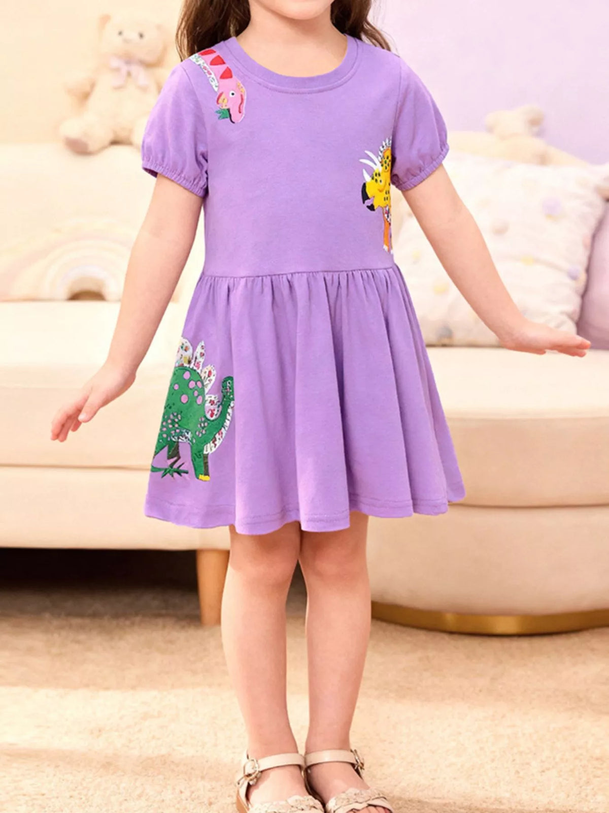 Animal Applique Short Sleeve Cotton Dress — purple dinosaur dress worn by a child