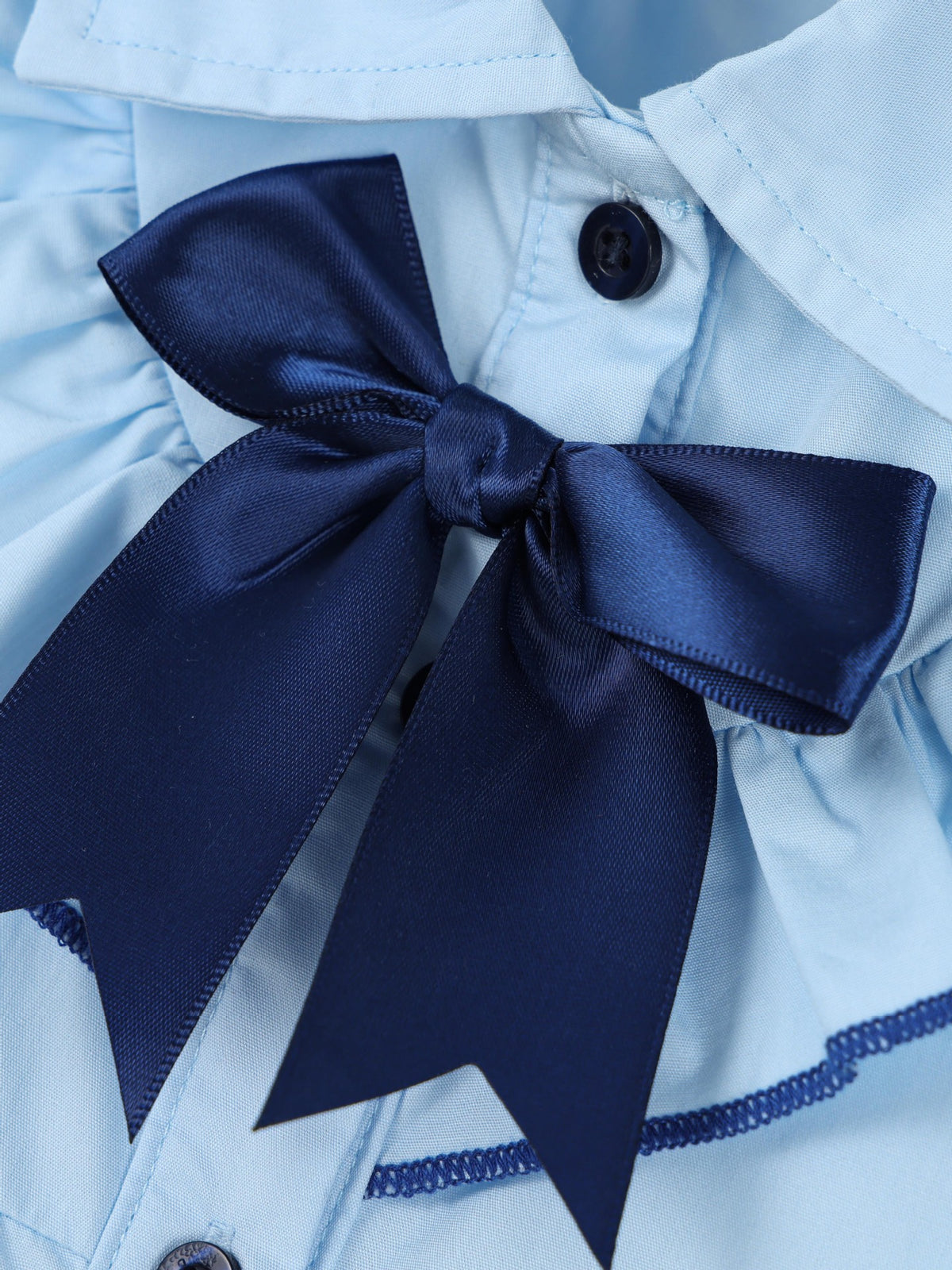 Blue Bow Collar Button-Front Dress — navy bow detail
