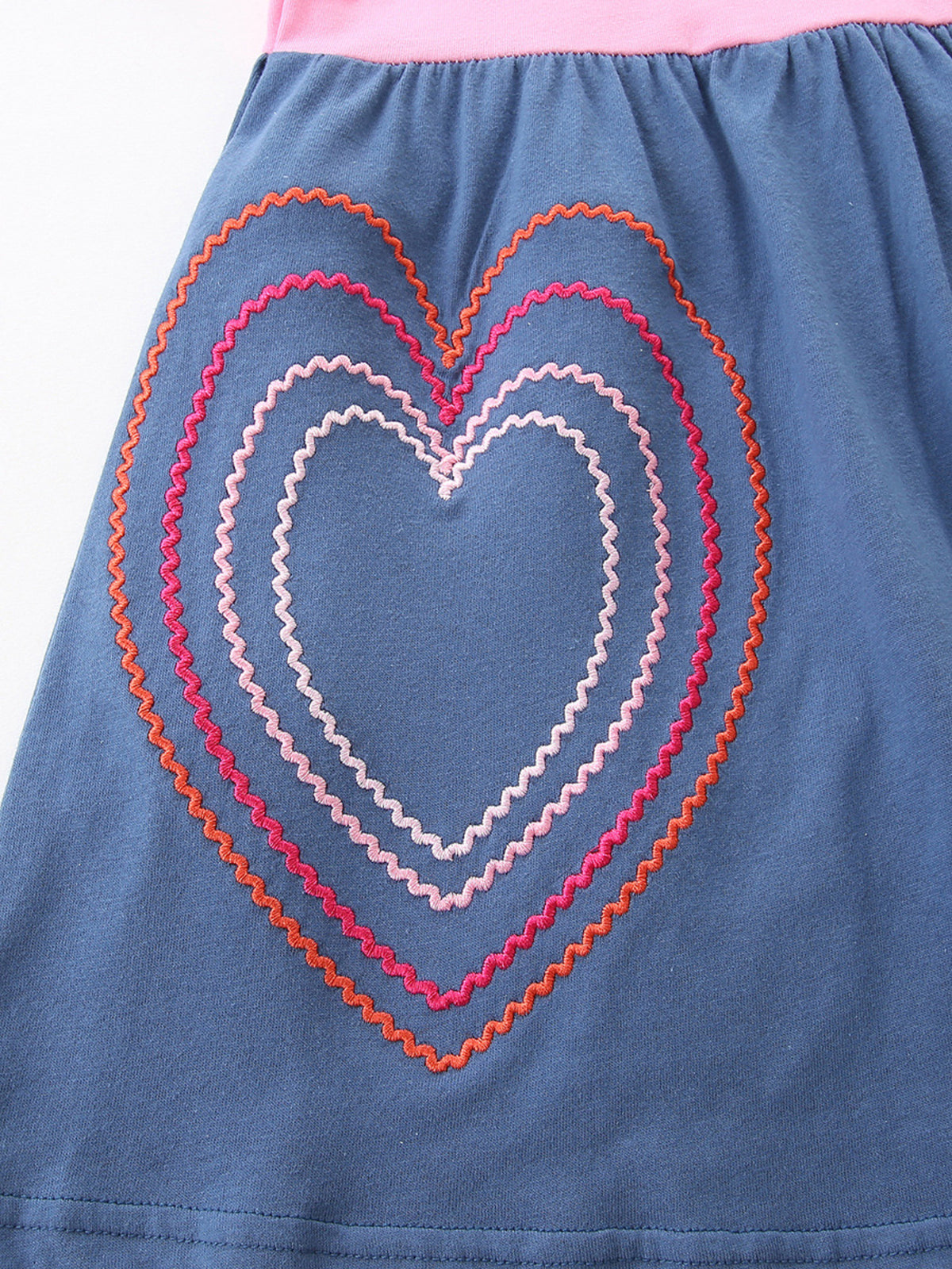 Pink and Blue Heart Embroidered Dress — heart embroidery on blue skirt