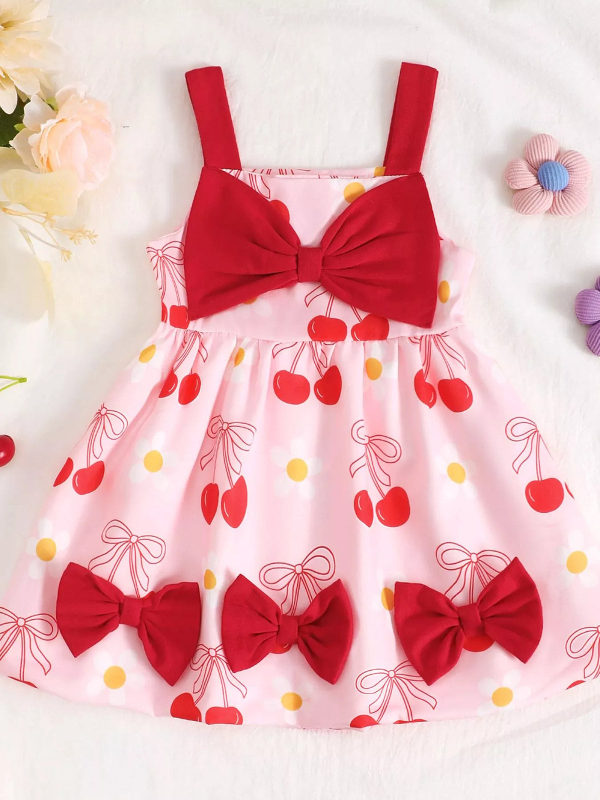 Baby Bow Front Printed Sundress — cherry-print dress front