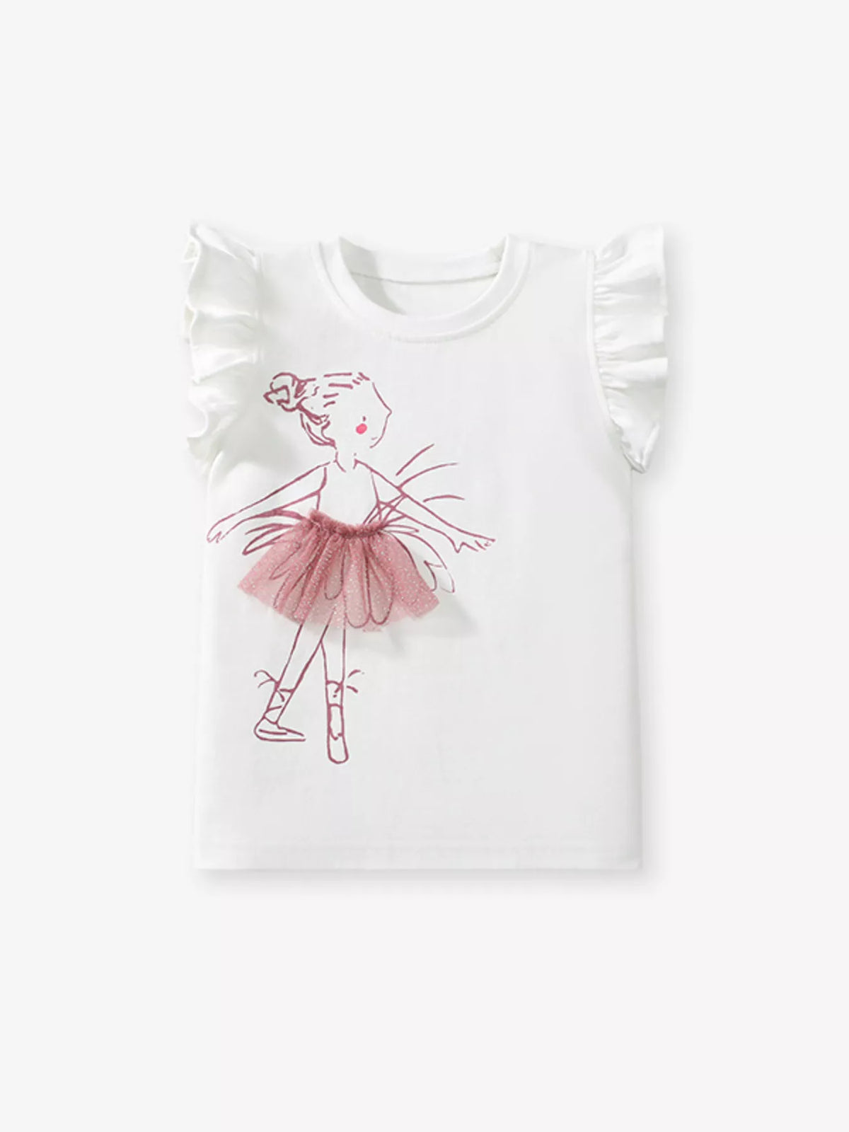 White and pink ballerina ruffle sleeve tops — white top front laid flat