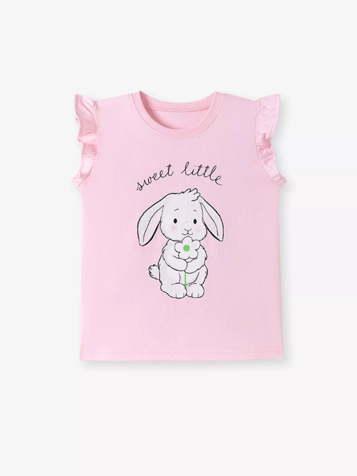 Pink sweet little bunny ruffle sleeve top — front laid flat