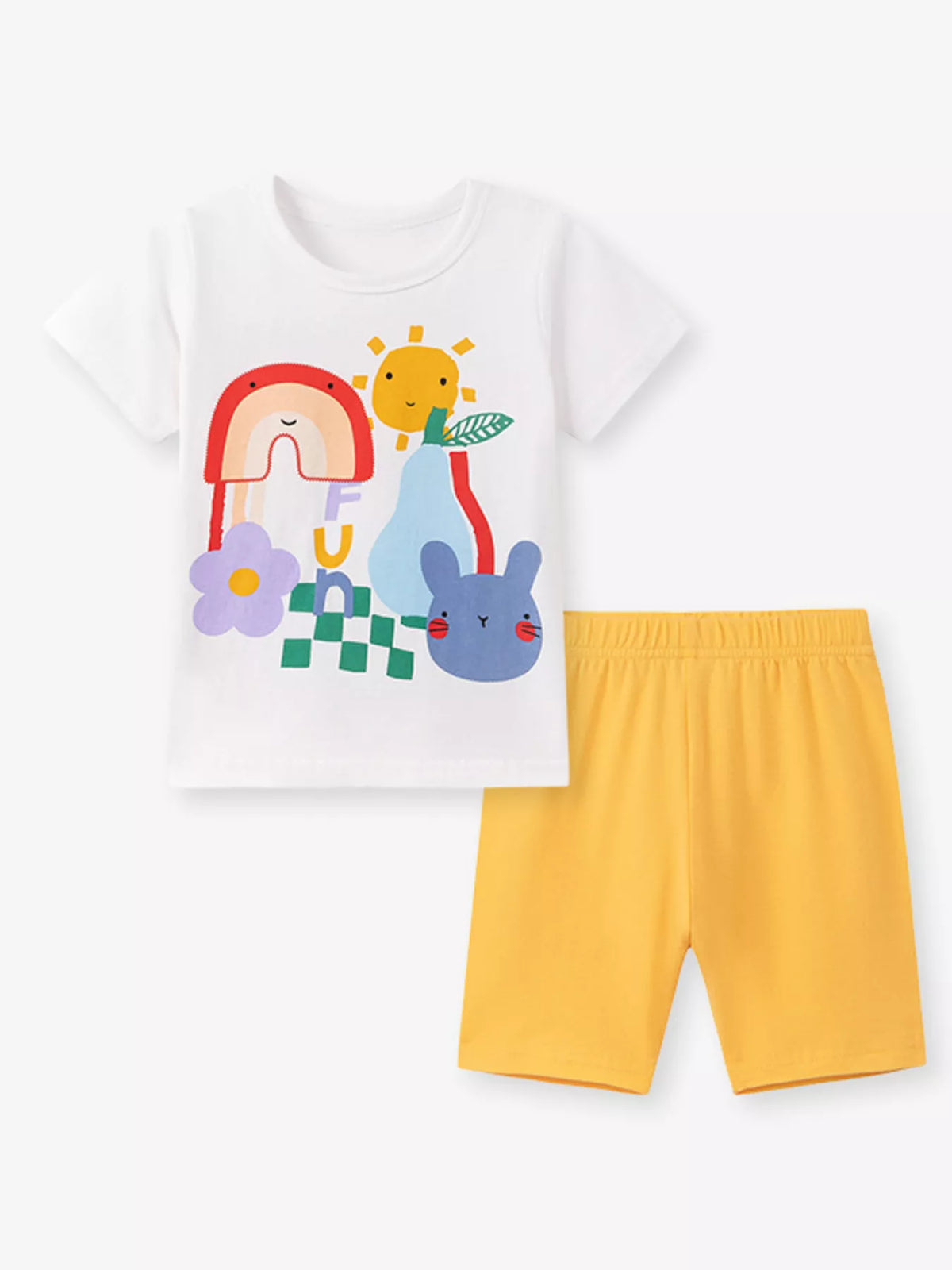 White colorful cartoon tee with yellow shorts laid flat