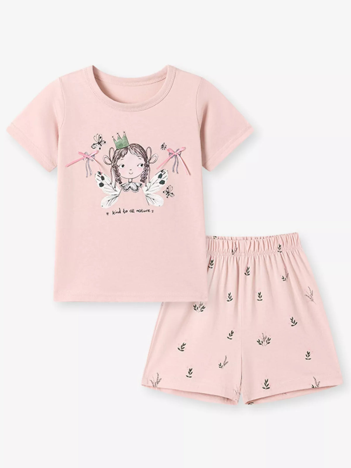 Peach fairy-graphic tee with small-print shorts laid flat