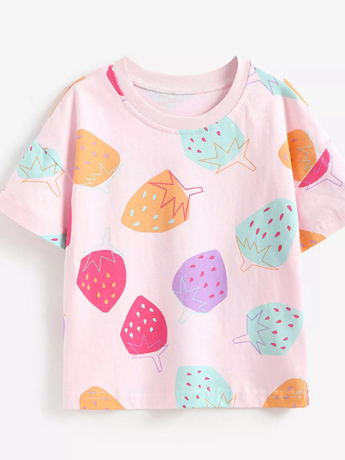 Pink multicolor strawberry print shirt — front laid flat