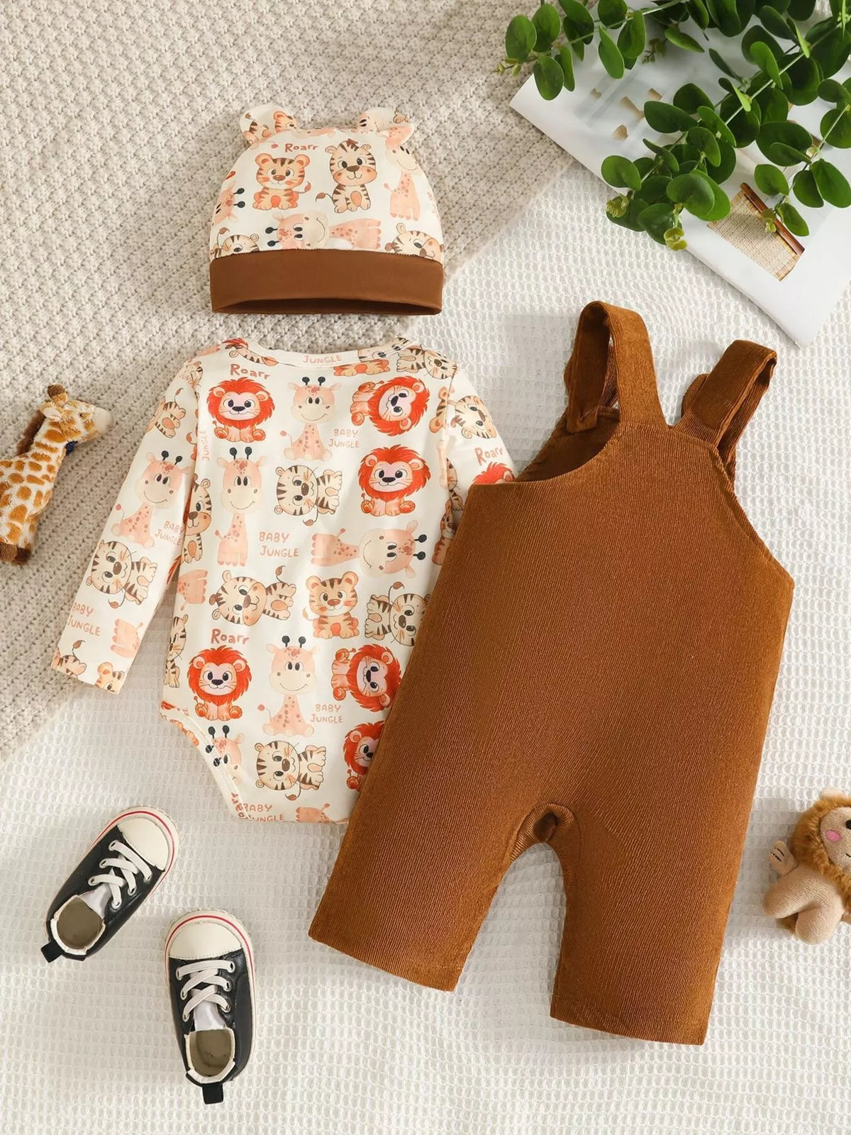 Brown corduroy bear pocket overalls animal print bodysuit and hat — animal print bodysuit and overall back