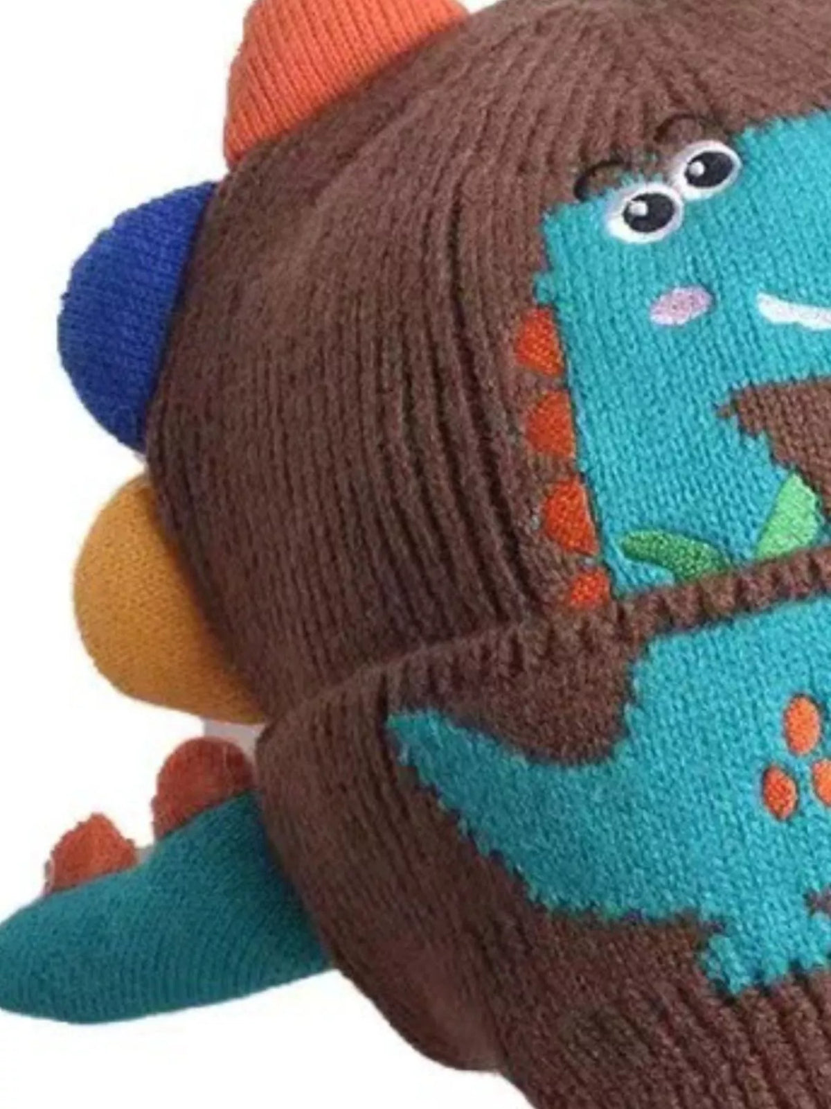 Dinosaur Knit Hat with Earflaps — chocolate hat knitted dinosaur detail