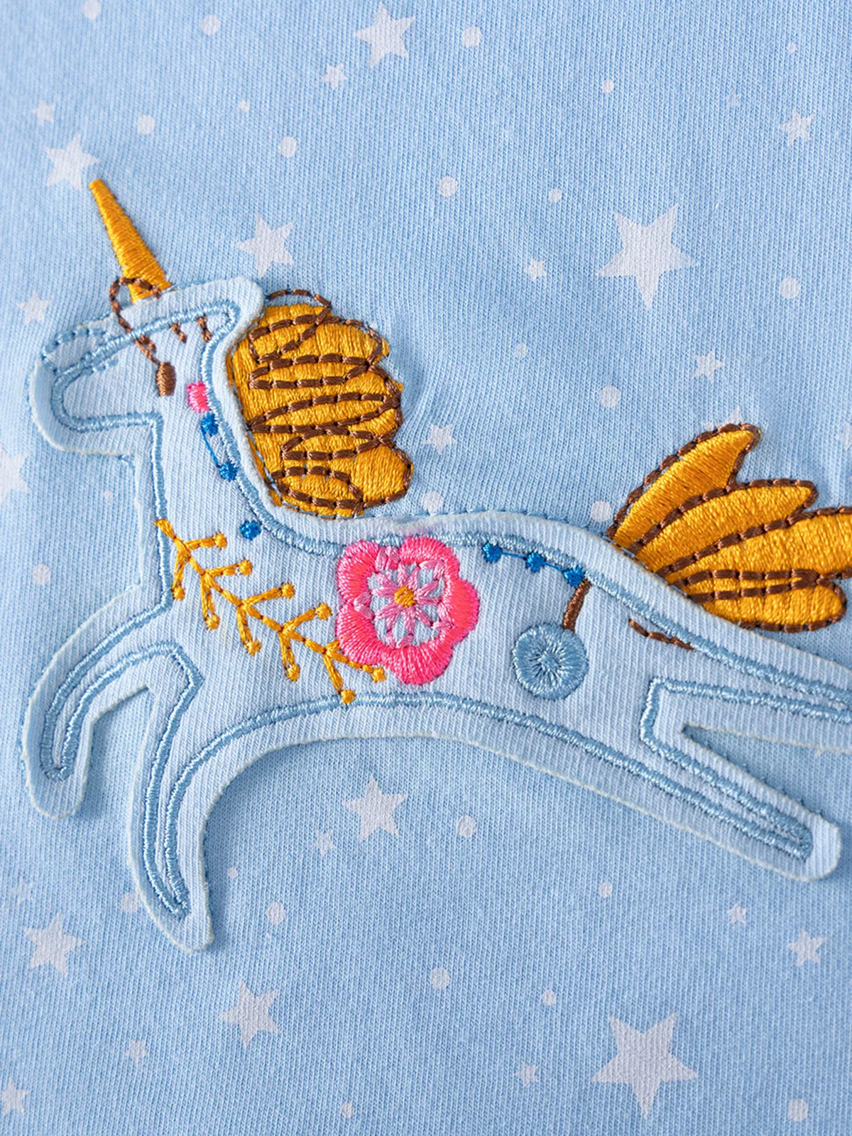 Blue Unicorn and Star Embroidered Dress — unicorn embroidery detail