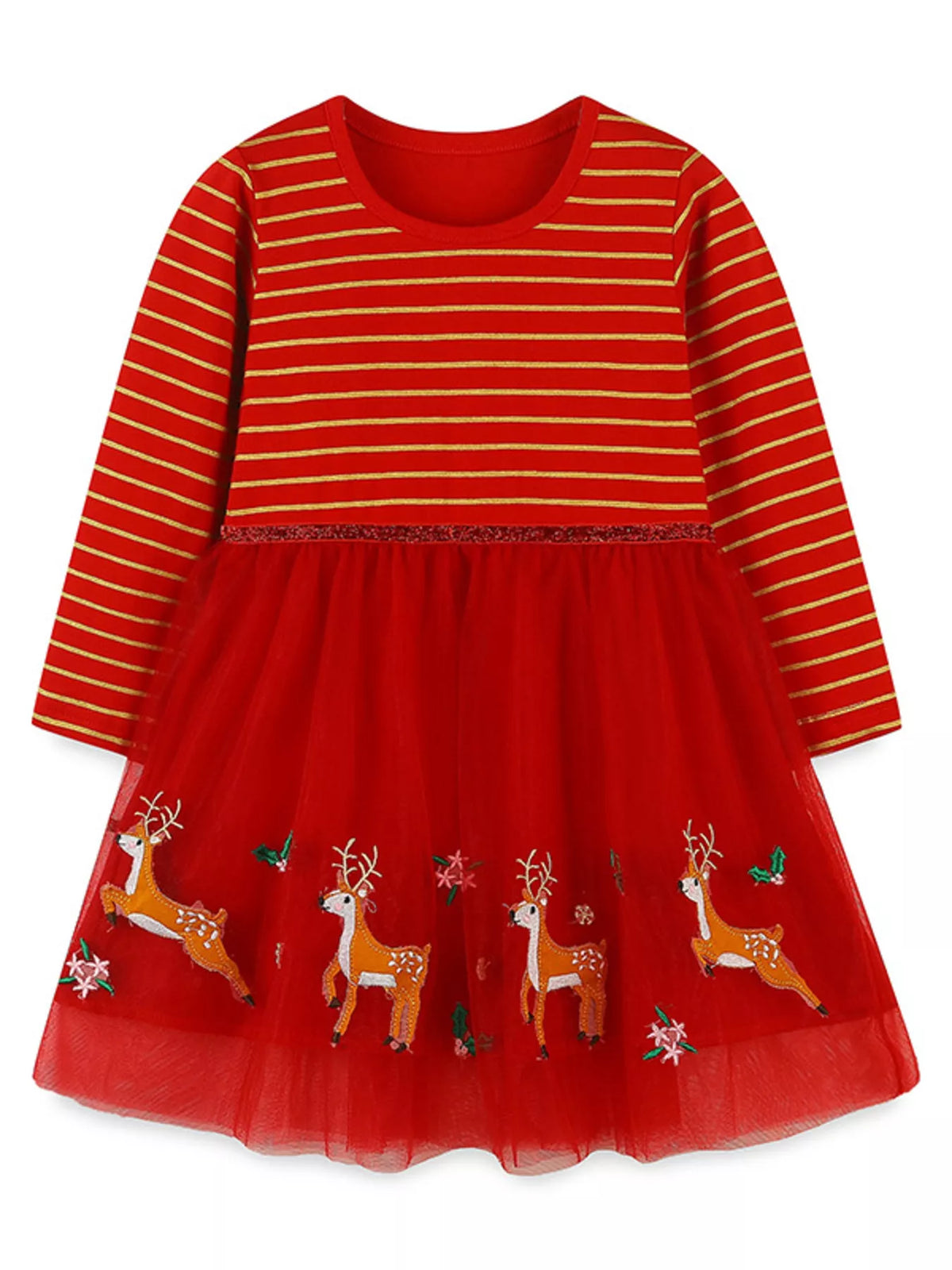Red Deer Embroidered Tulle Dress — front view