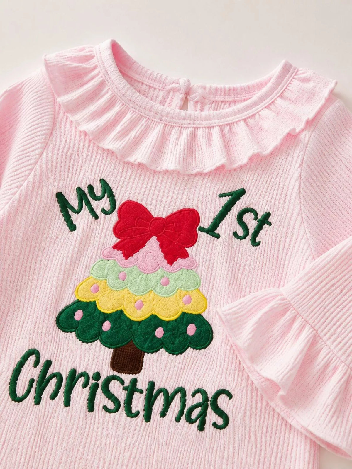 Embroidered Christmas tree and My First Christmas lettering