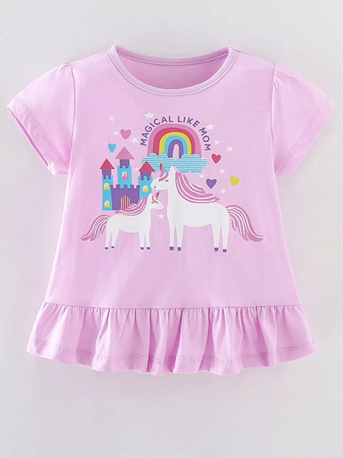 Light pink unicorn castle graphic ruffle hem shirt — front