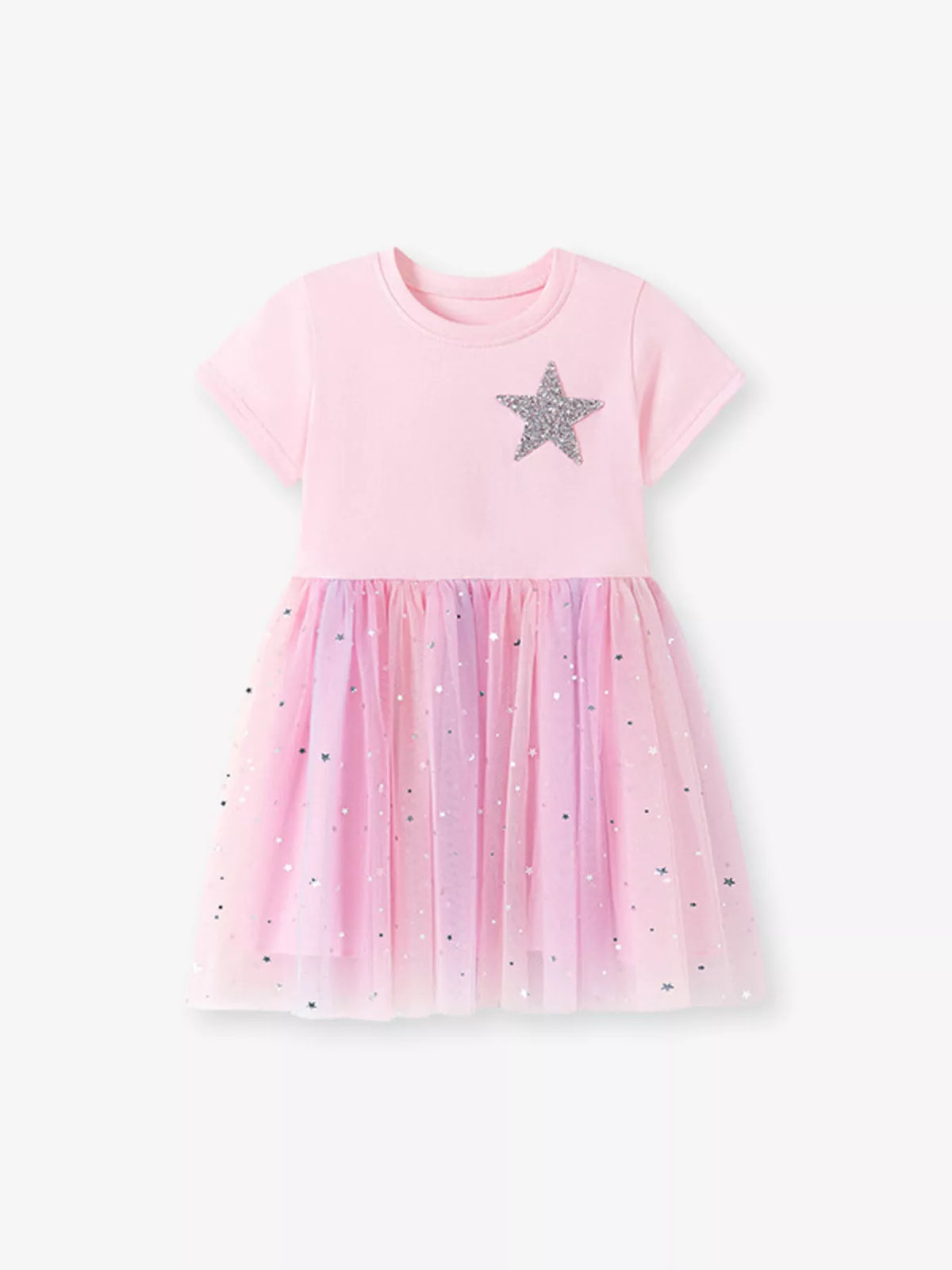 Pink star short-sleeve dress with a star-pattern tulle skirt laid flat