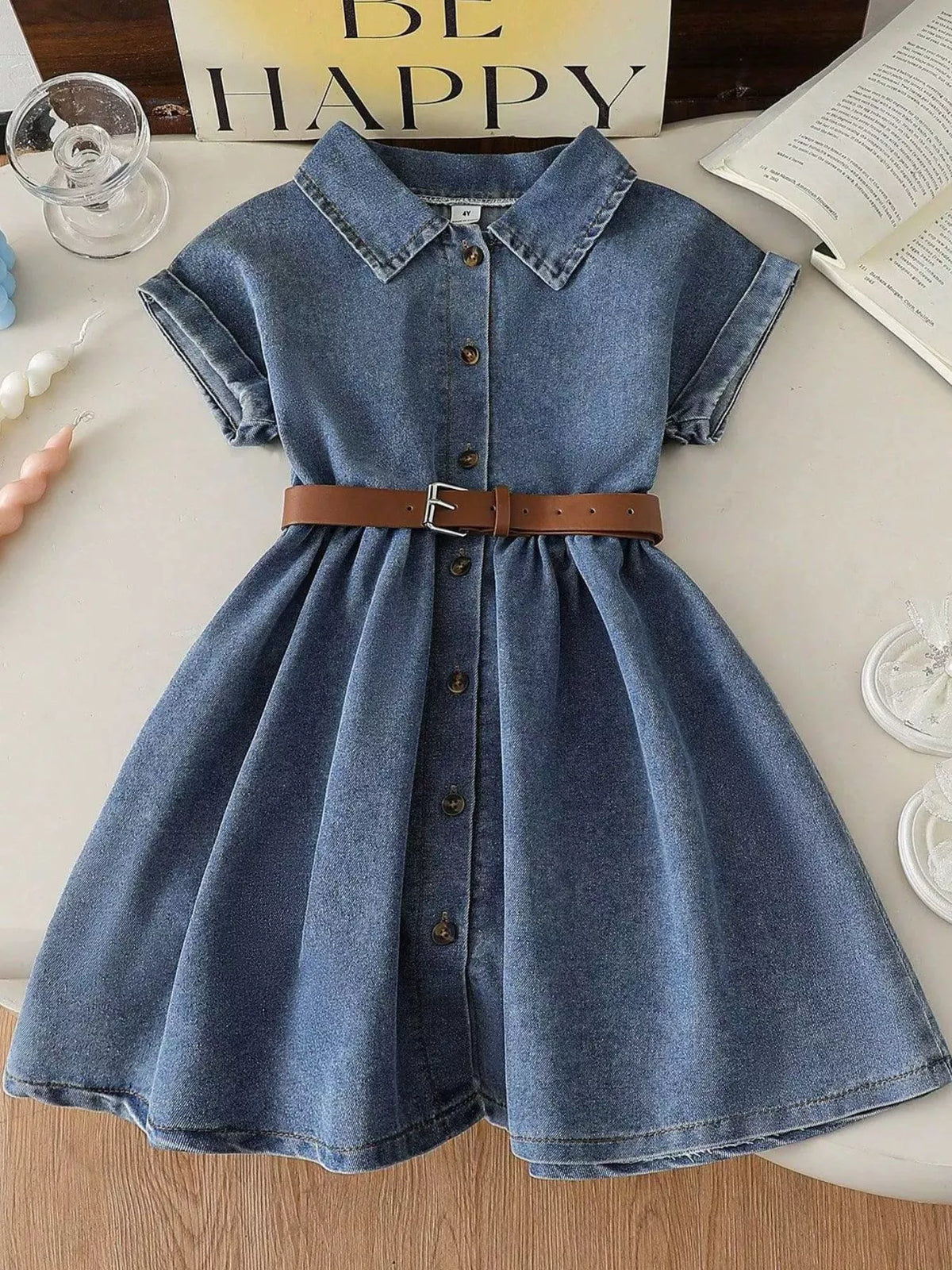 Short Sleeve Denim Shirt Dress with Belt — front flat lay