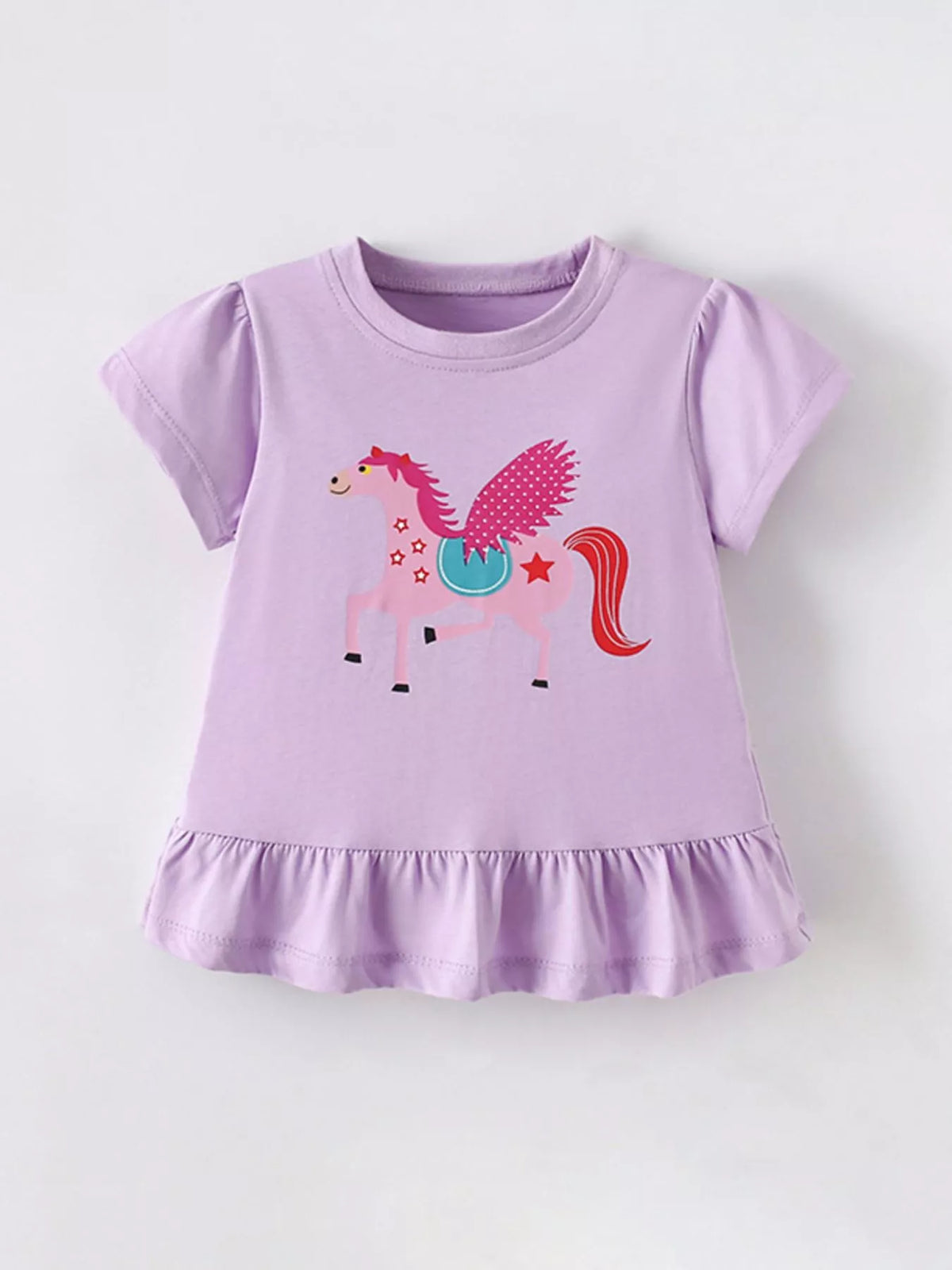 Lavender winged horse graphic ruffle hem shirt — front