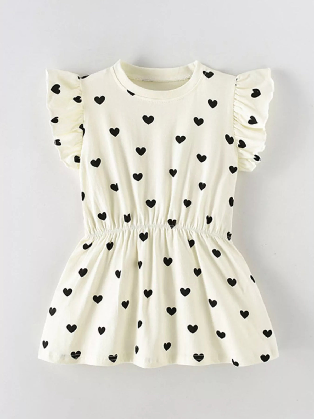 Ivory heart-print dress with ruffled sleeves laid flat
