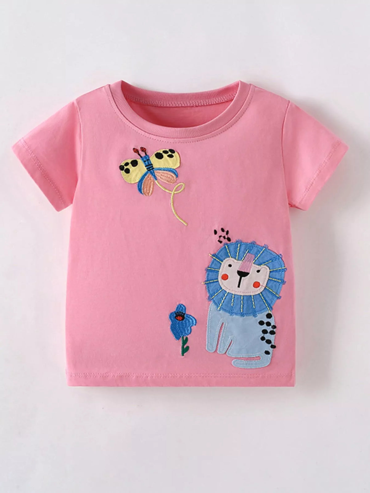 Pink lion and butterfly applique shirt — front