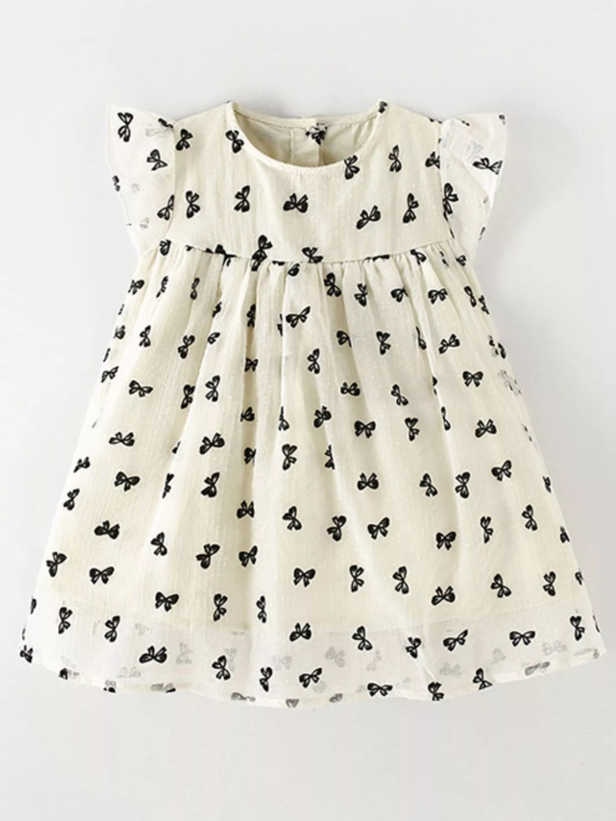 Cream bow-print flutter-sleeve dress laid flat