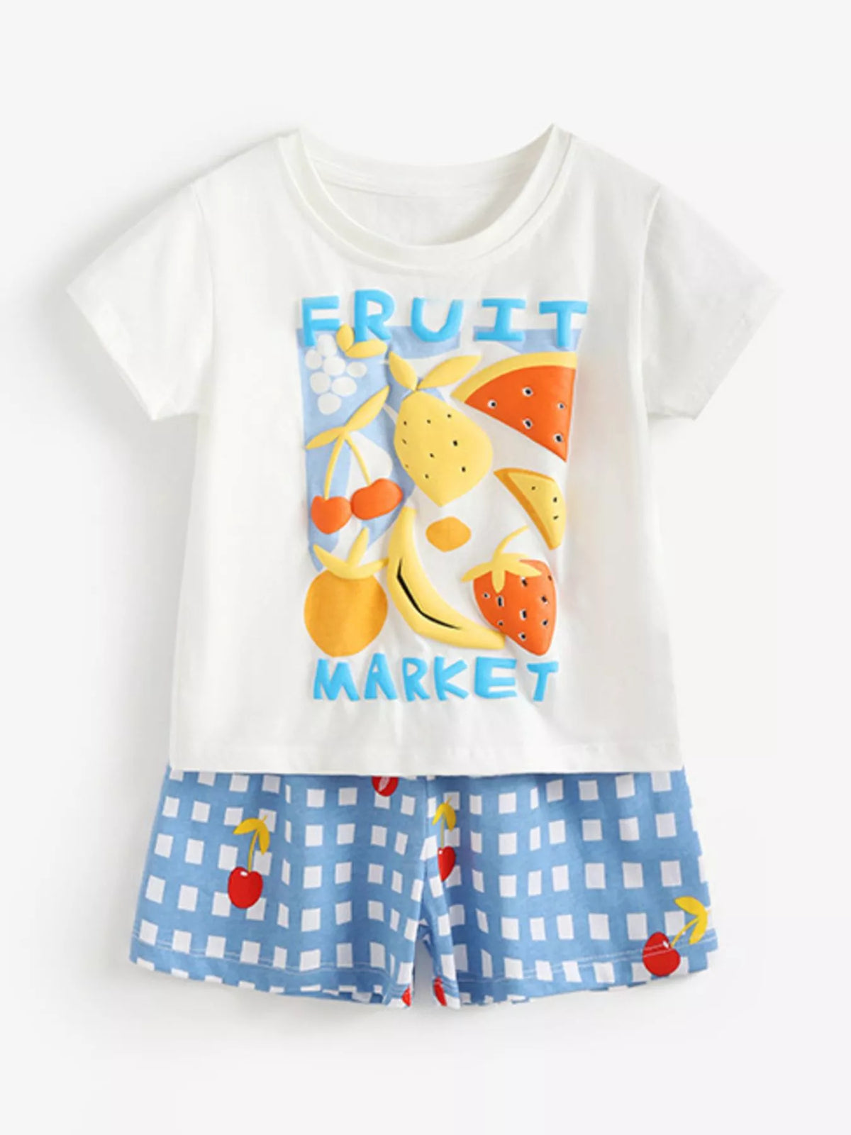 White Fruit Market tee and blue gingham shorts — outfit front laid flat