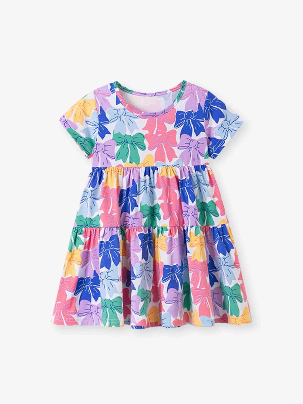 Multicolored bow-print short-sleeve tiered dress laid flat