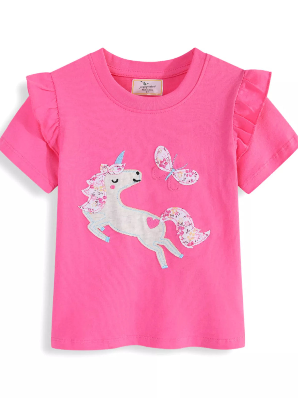 Hot pink unicorn butterfly applique ruffle trim shirt — front