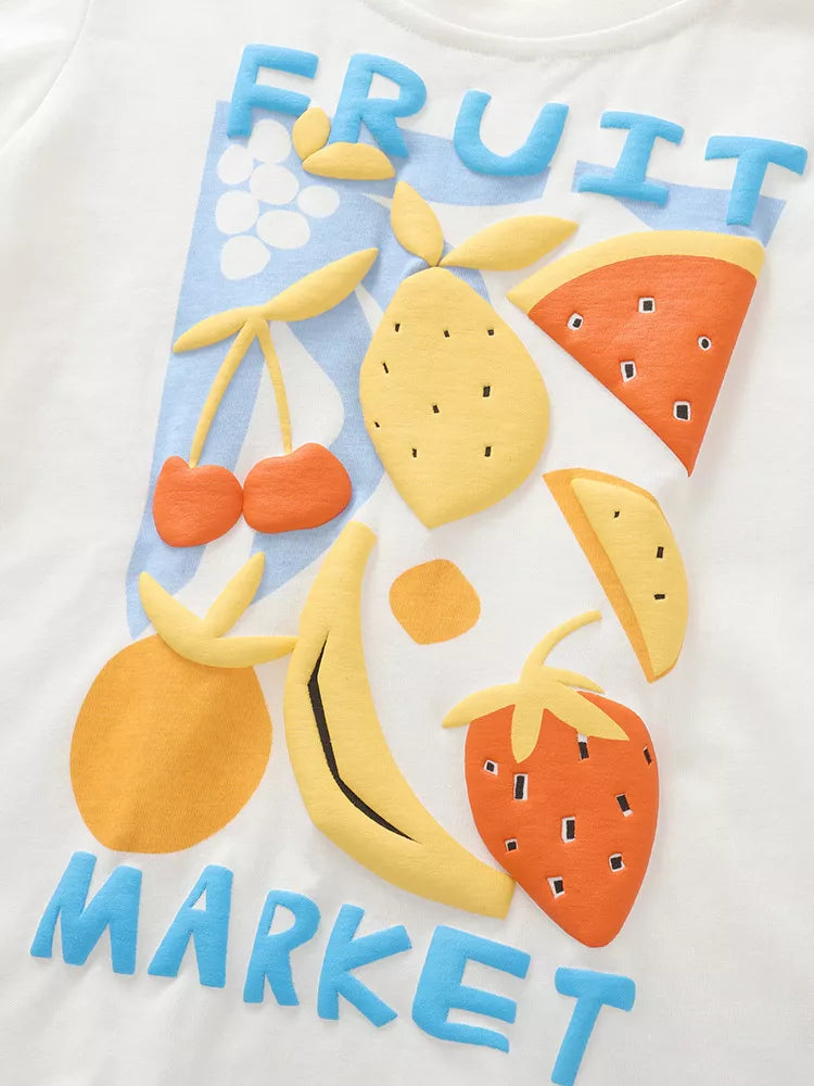 White Fruit Market tee and blue gingham shorts — fruit market graphic