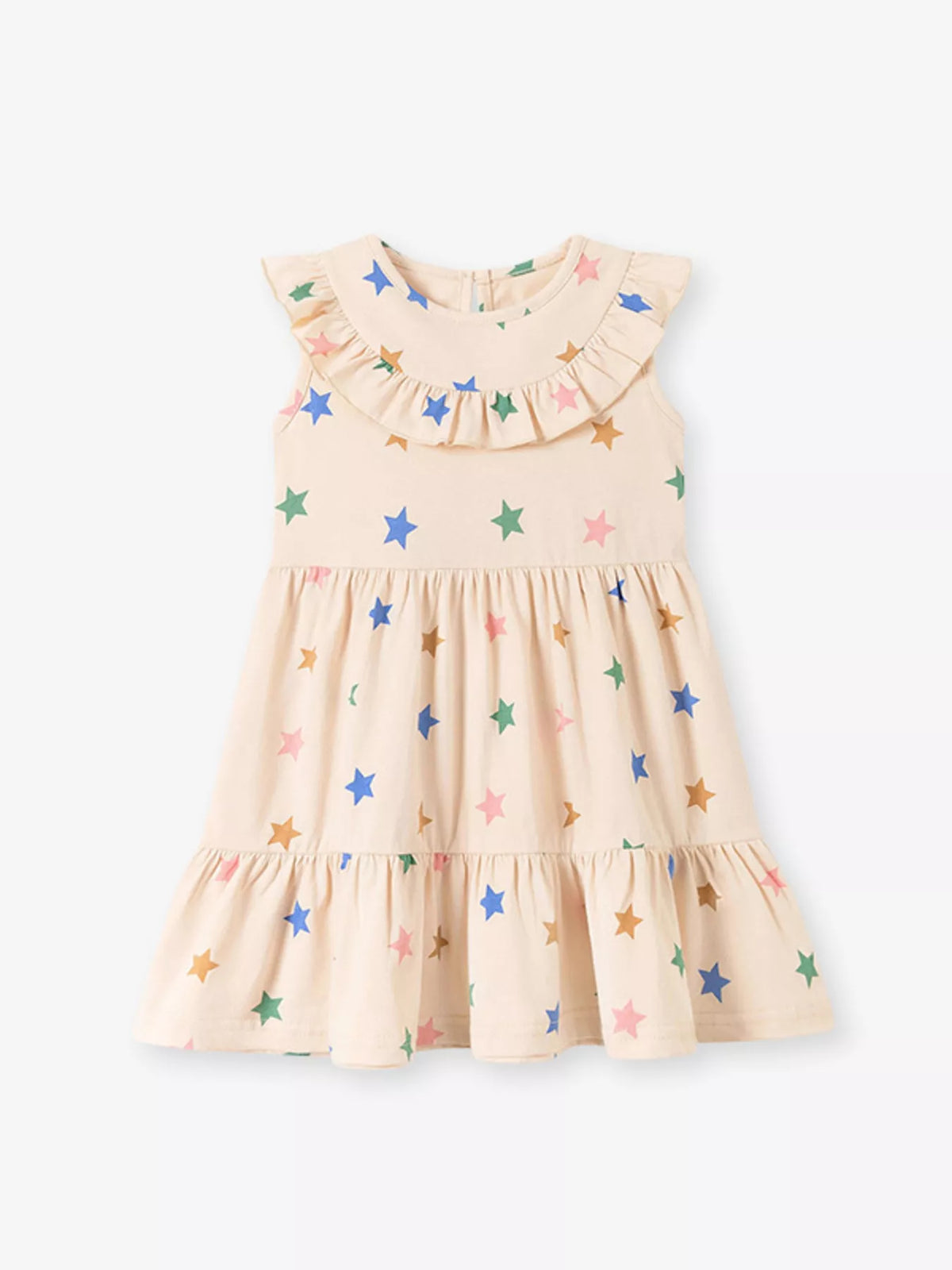Cream star-print sleeveless dress with ruffle trim laid flat