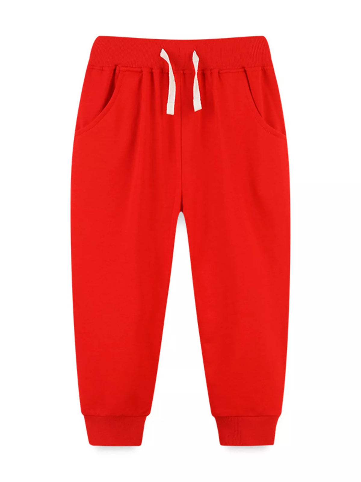 Red drawstring joggers laid flat