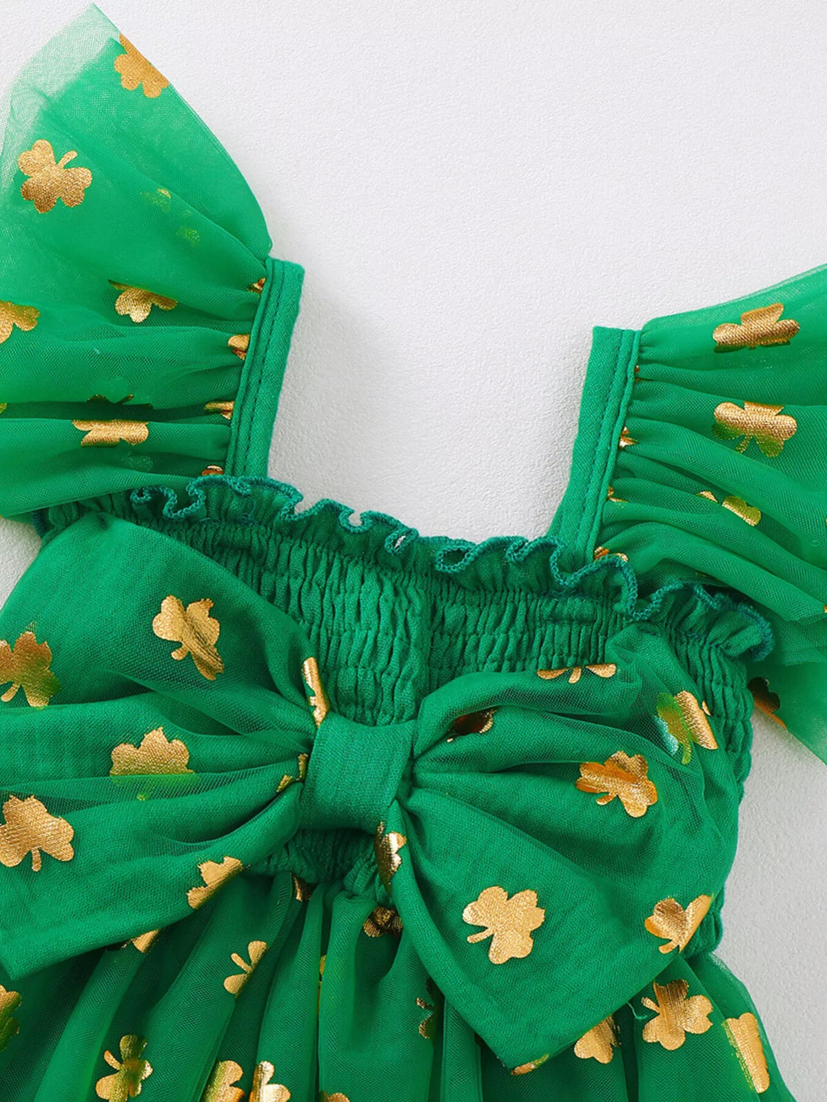 Green clover smocked tulle dress — ruffle straps and smocking