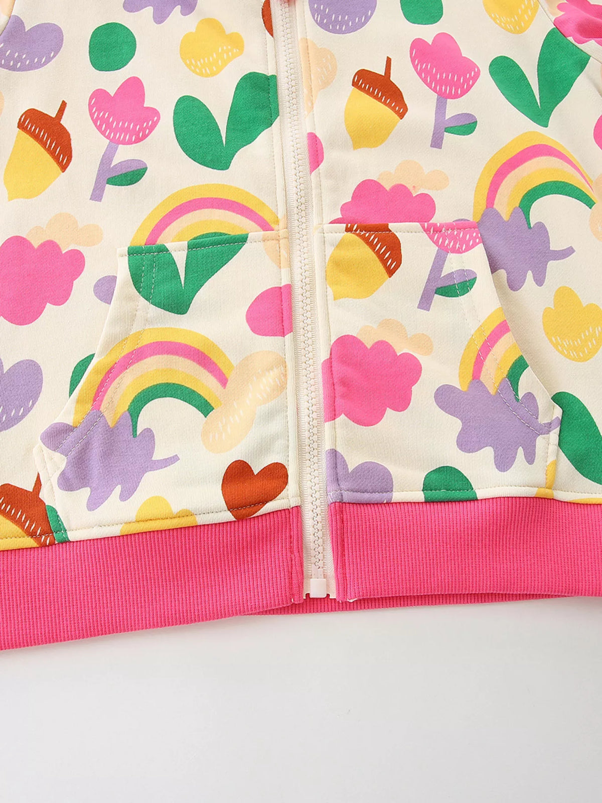 Floral Rainbow Zip-Up Hoodie — zip front floral rainbow print and pink hem