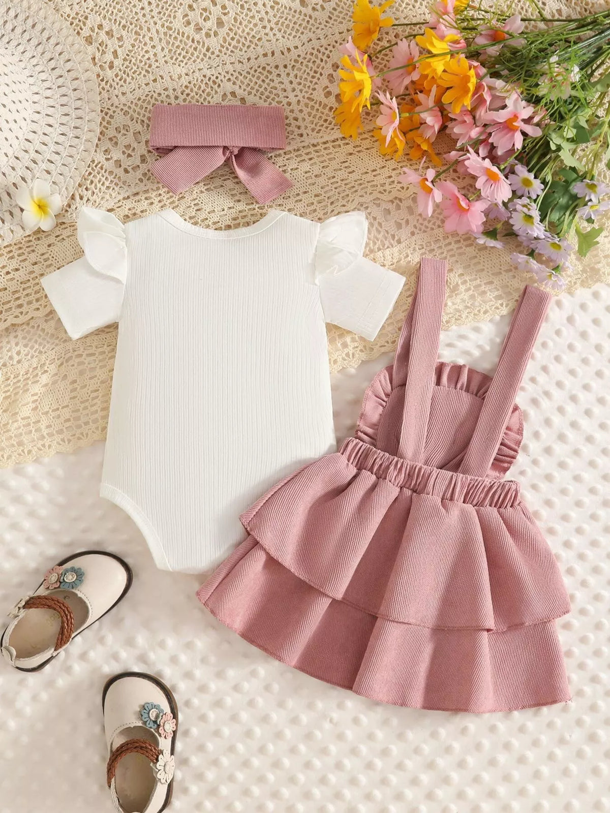 Ribbed floral overall dress and white top set with bow headband — white top and pink dress back